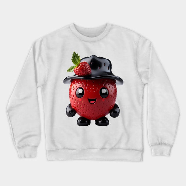 Cute Kawaii Strawberry with Black Hat Crewneck Sweatshirt by Cuteopia Gallery